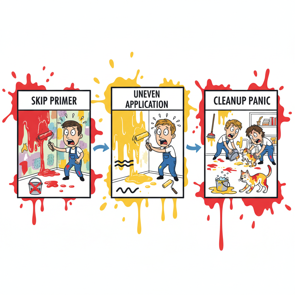 Humorous cartoon process flow showing steps of a DIY wall painting disaster including skipping primer, uneven application, and cleanup mishaps