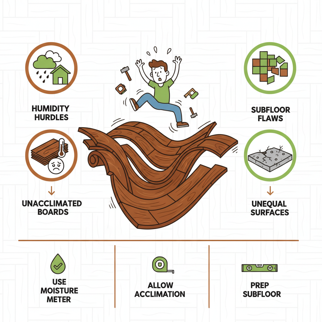 Humorous infographic illustrating common flooring installation failures and prevention tips with cartoon elements and icons.