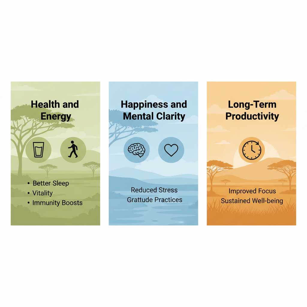 Infographic showing three benefits of natural quick habits: health and energy, happiness and mental clarity, long-term productivity with Kenyan savanna elements.