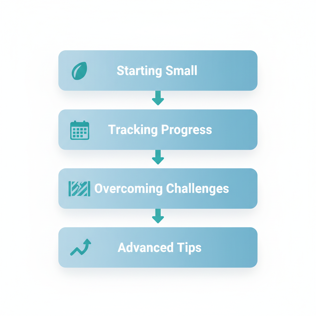 Vertical process flow diagram illustrating four steps for sustaining natural quick habits: starting small, tracking progress, overcoming challenges, and advanced tips.