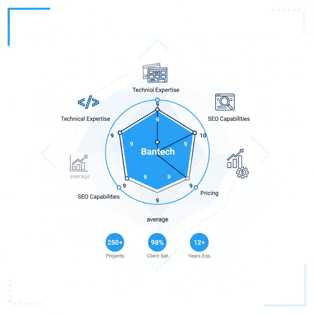 Infographic radar chart comparing Bantech's evaluation criteria scores against industry average for white label WordPress development
