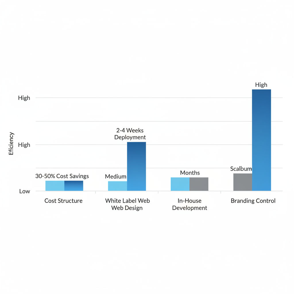 Horizontal bar chart comparing efficiencies of white label web design versus in-house development across cost, time, scalability, and branding
