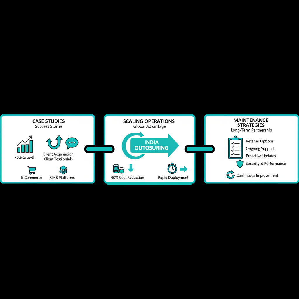 Infographic illustrating white label web development for agencies with panels on case studies, scaling operations, and maintenance strategies