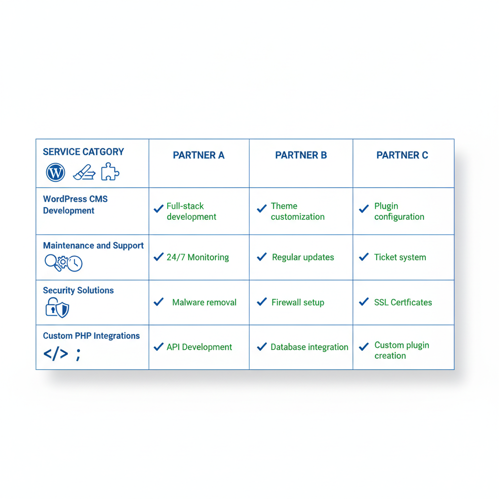 Infographic comparing service scopes of white label WordPress partners including development, maintenance, security, and custom integrations