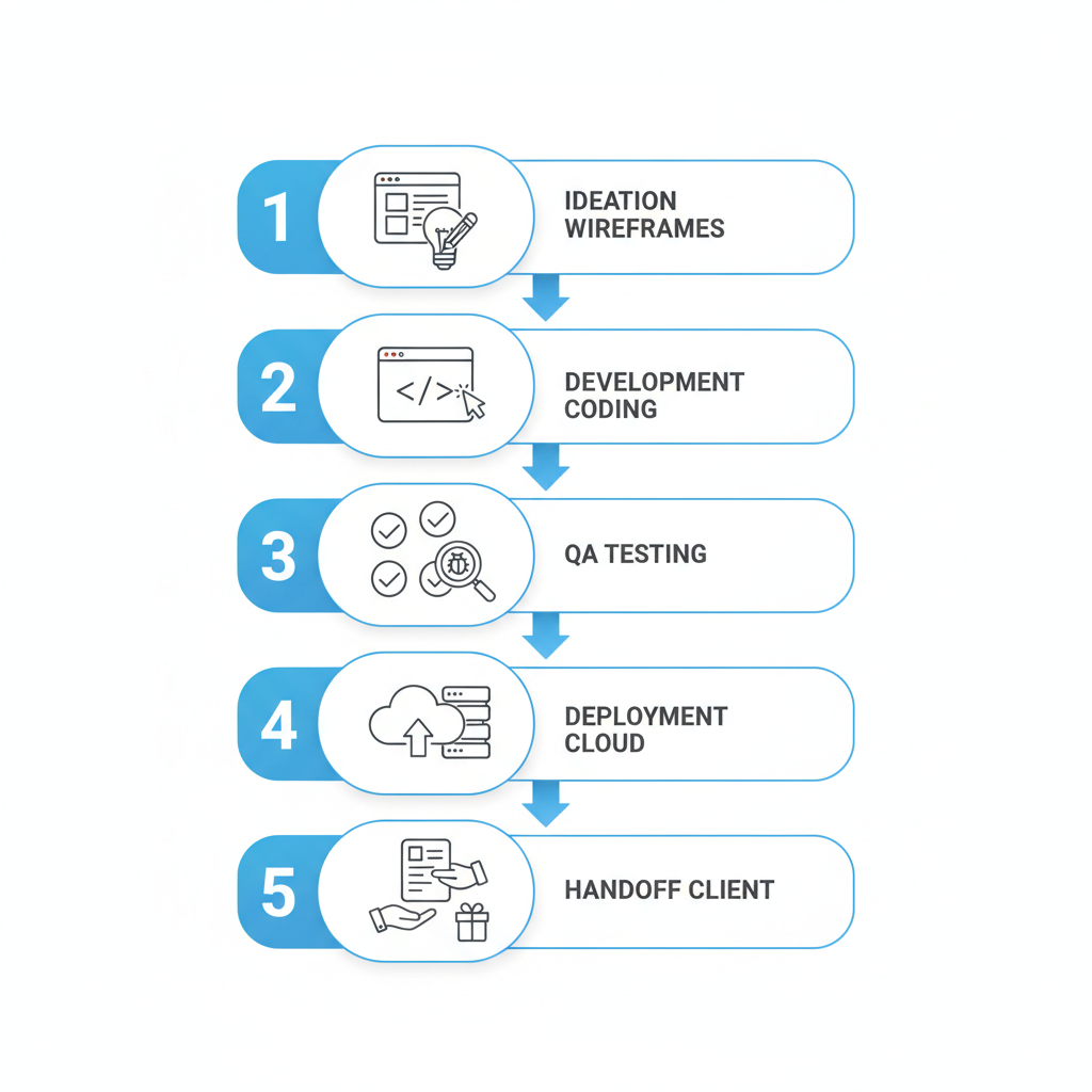 Vertical process flow illustrating white label WordPress development stages from ideation to handoff