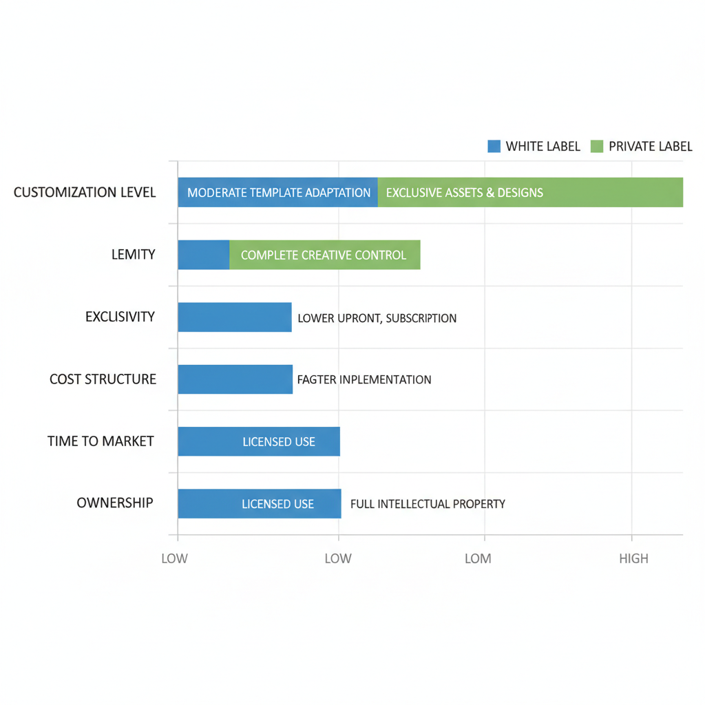 Horizontal bar chart comparing white label and private label web design models on customization, exclusivity, cost, time to market, and ownership