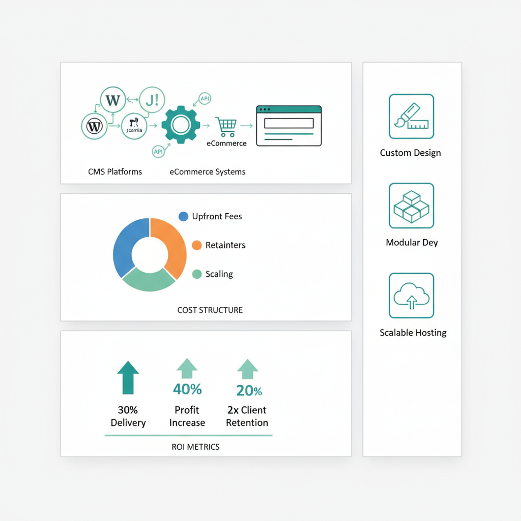 Multi-panel infographic illustrating white label website integrations, cost structure pie chart, and ROI metrics for agencies