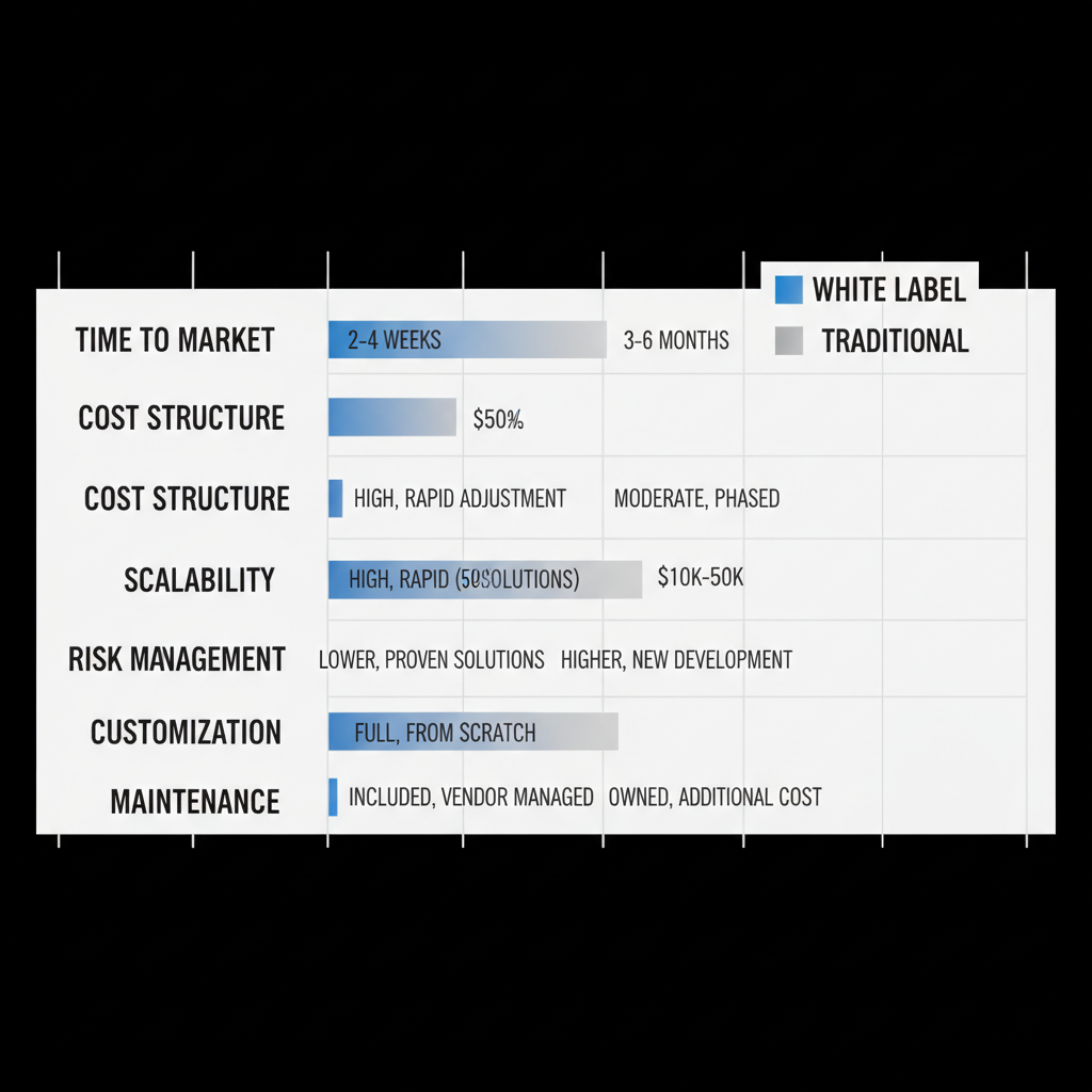 Horizontal bar chart comparing white label and traditional development models across key aspects