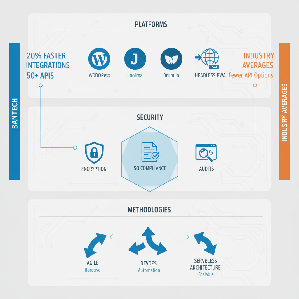 Multi-panel infographic depicting CMS integrations, security features, and agile methodologies in white label web development solutions