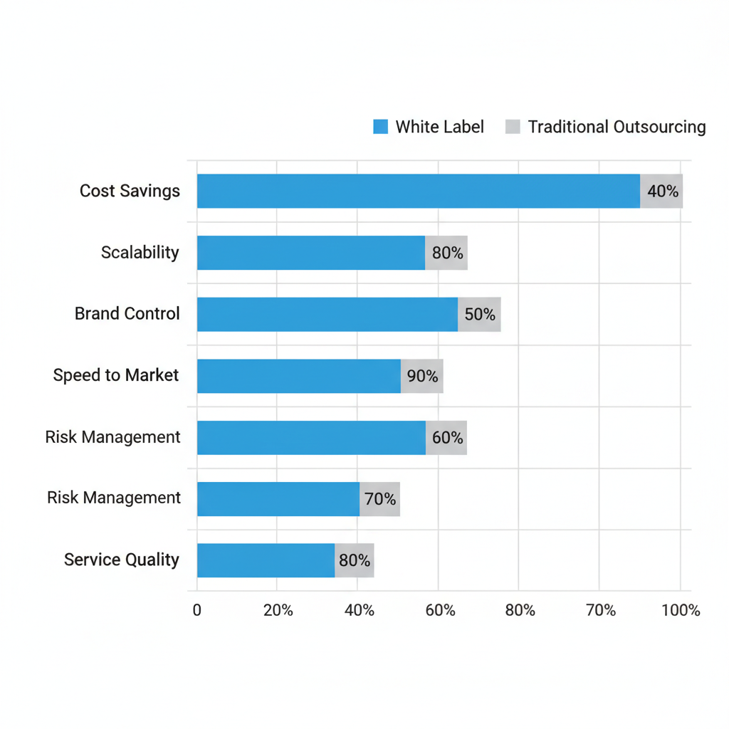 Horizontal bar chart comparing benefits of white label web development versus traditional outsourcing in cost savings, scalability, brand control, speed to market, risk management, and service quality.