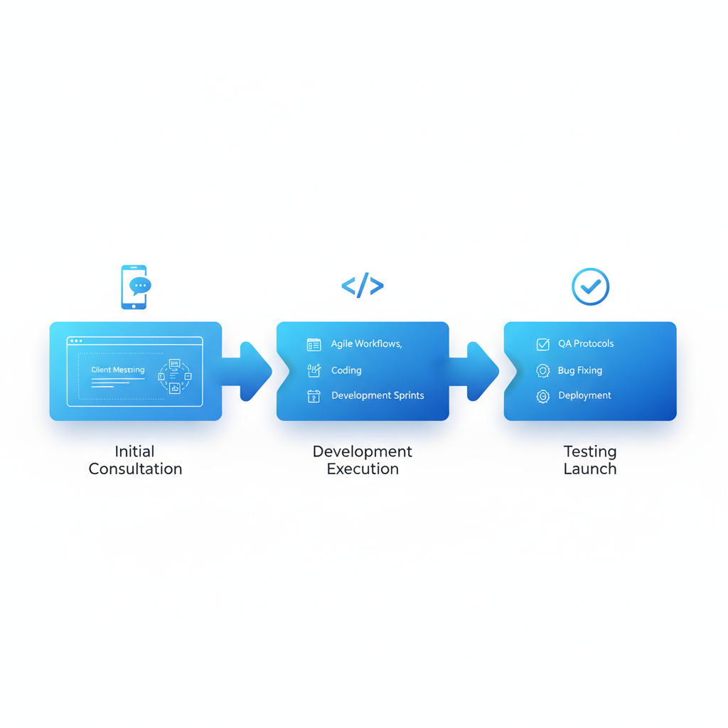 Horizontal process flow diagram illustrating three stages of web development outsourcing: consultation, development, and testing.