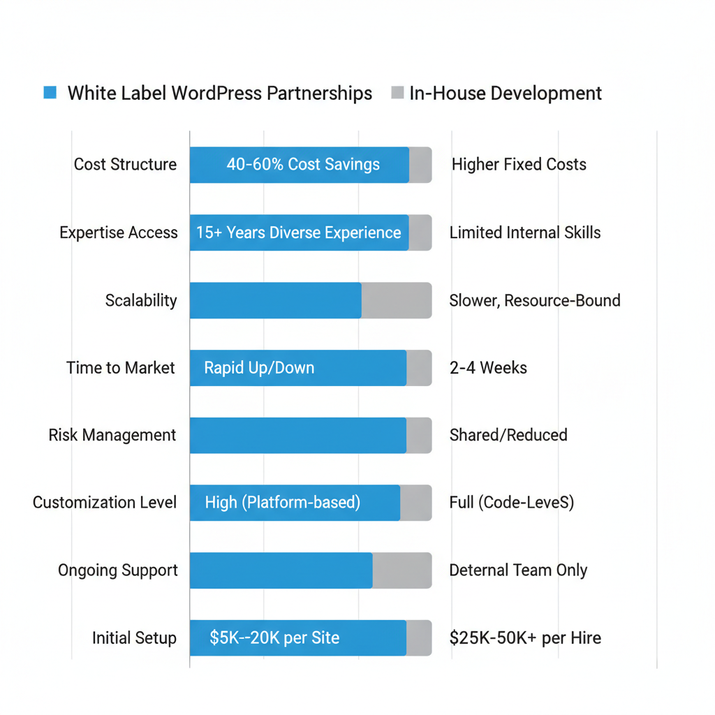 Horizontal bar chart comparing white label and in-house WordPress development across cost, expertise, scalability, and other key aspects