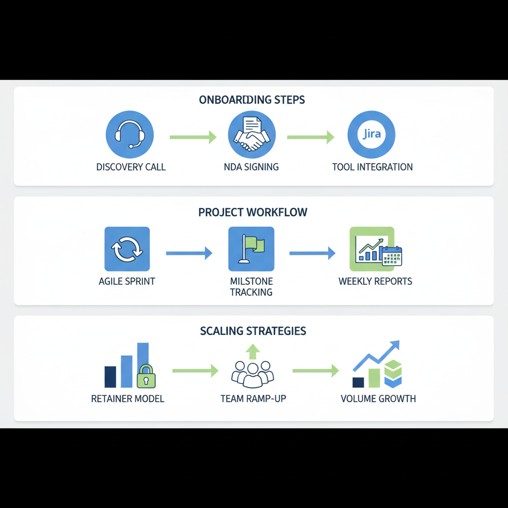 Infographic illustrating the implementation process for white label WordPress partnerships with onboarding, project management, and scaling panels
