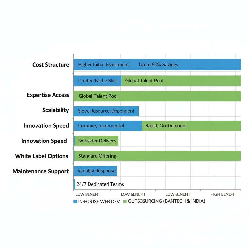 Horizontal bar chart comparing benefits of in-house versus outsourcing web development to Indian agencies