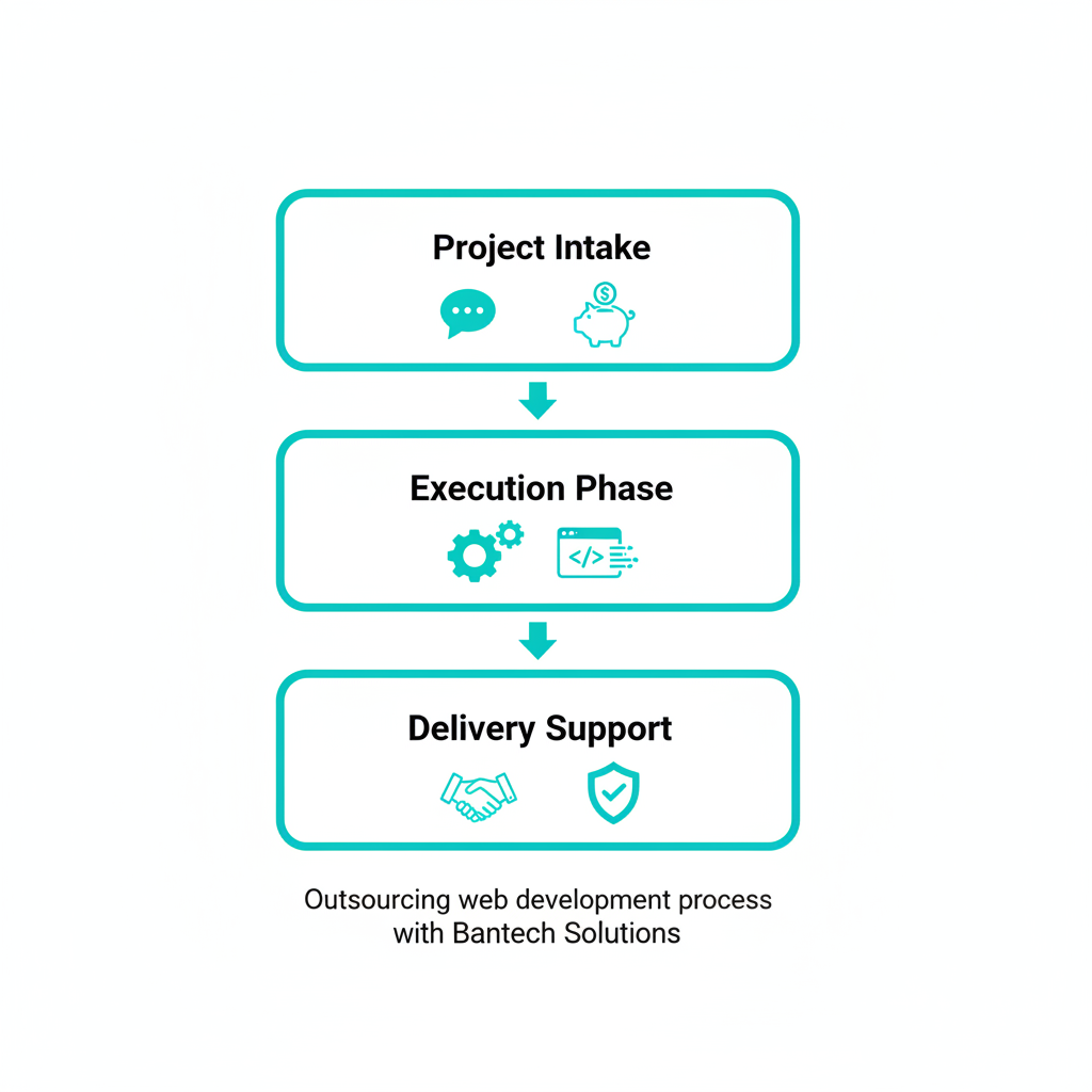Vertical process flow diagram illustrating three main stages of outsourcing website development with an Indian IT agency
