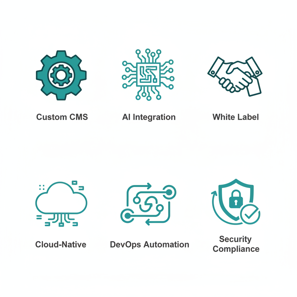 Grid of icons showcasing Bantech Solutions' key features in SaaS development outsourcing including custom CMS, AI integration, and security.