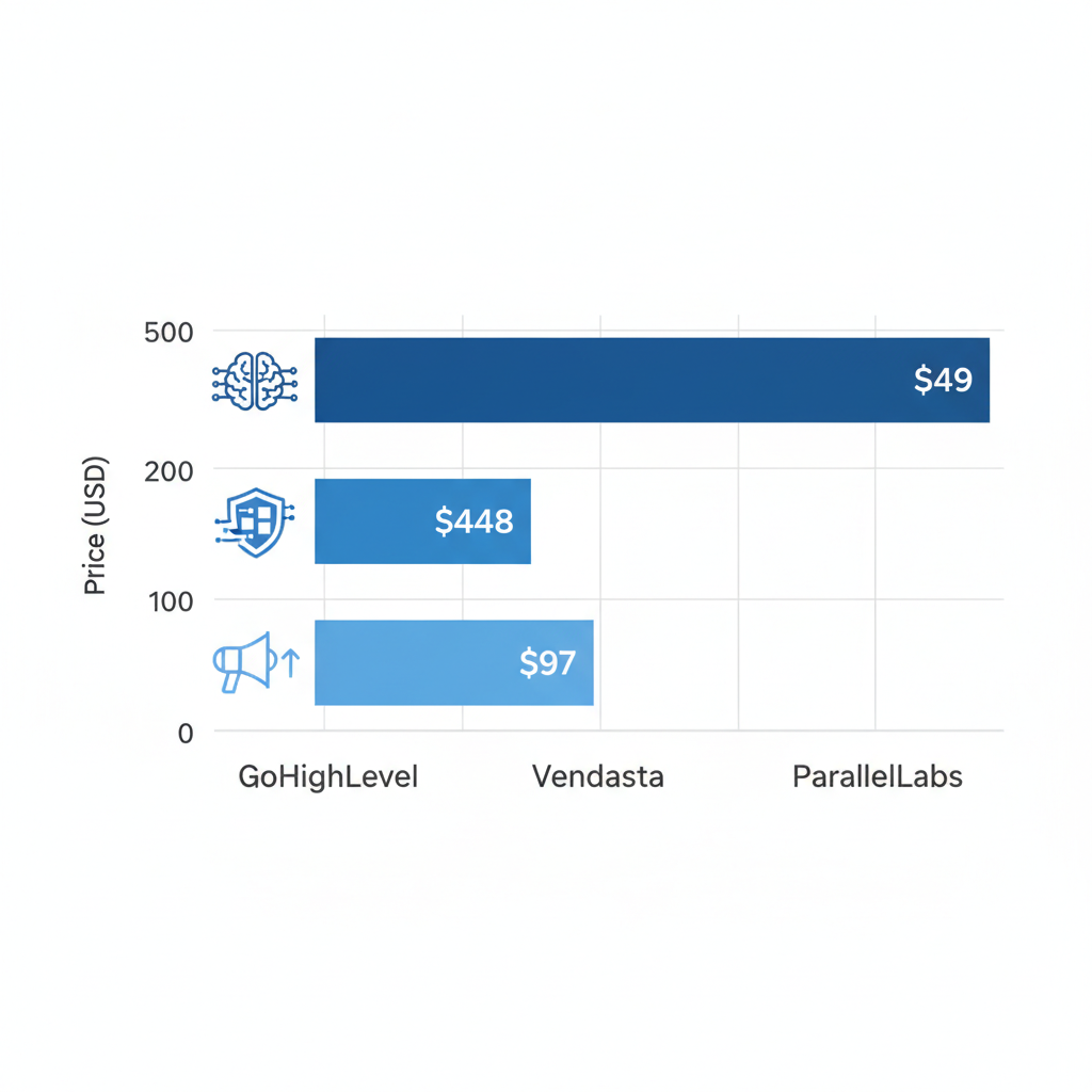 Horizontal bar chart comparing starting monthly prices of white label SaaS tools GoHighLevel, Vendasta, and ParallelLabs