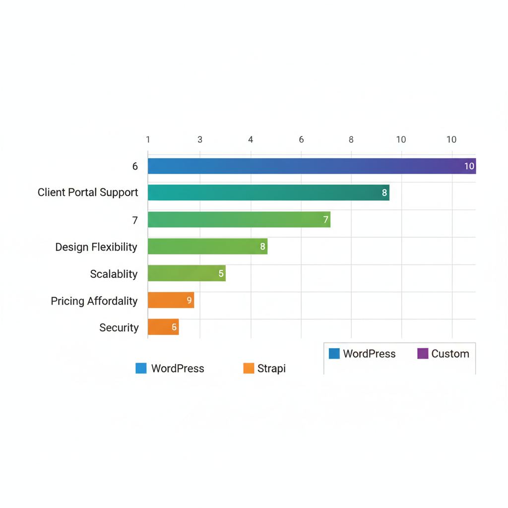 Horizontal bar chart comparing rating scores of white label CMS platforms: WordPress, Drupal, Strapi, and Custom across key features