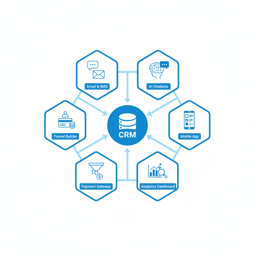 Infographic depicting key GoHighLevel features for white label SaaS including CRM central hub connected to email SMS, funnel builder, payment integration, AI chatbots, analytics, and mobile app with icons and labels.