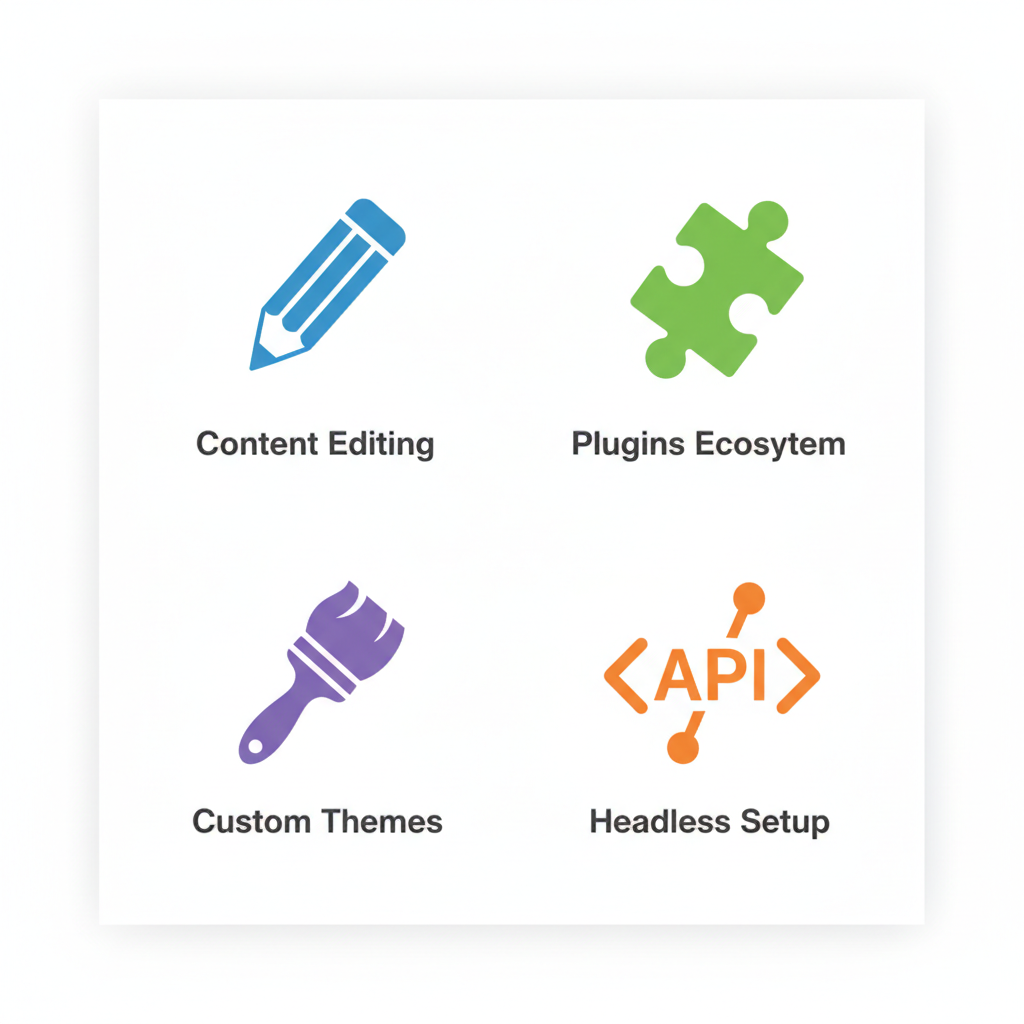 2x2 grid of modern icons depicting WordPress key features for white label CMS: content editing in blue, plugins in green, custom themes in purple, and headless setup in orange with minimal labels.