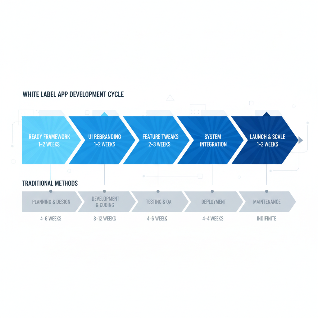 Horizontal process flow diagram comparing white label app development cycle to traditional methods with time estimates