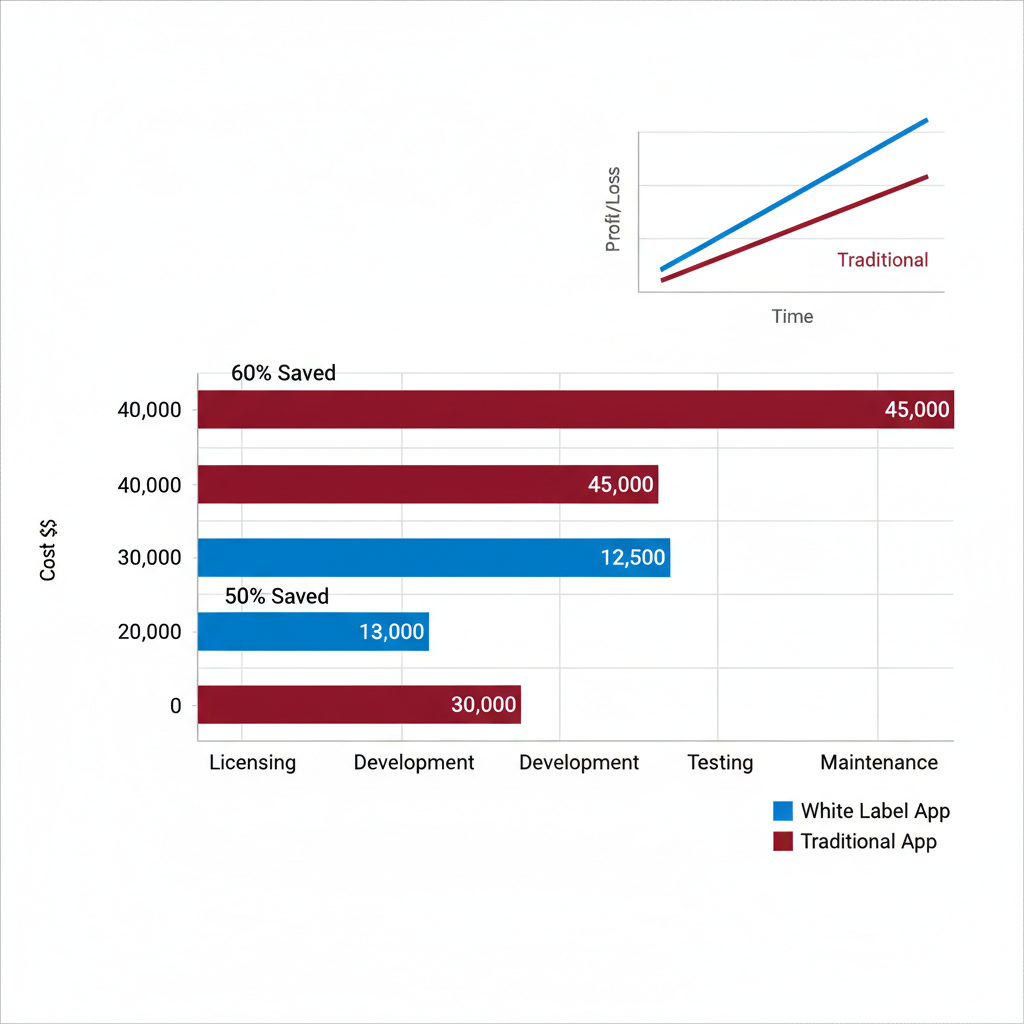 Bar chart illustrating cost savings in white label app development versus traditional approaches with ROI projection