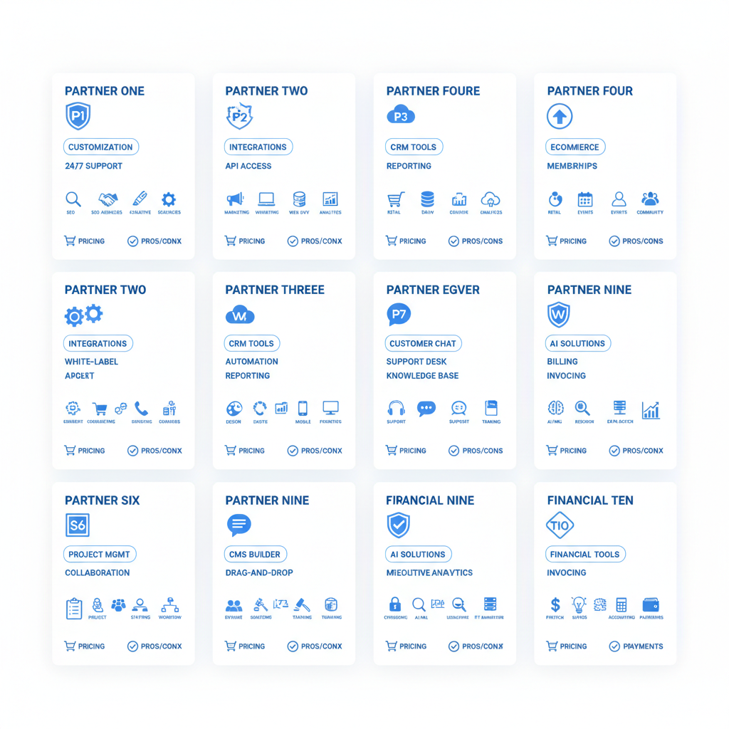 Infographic grid of top 10 white label SaaS partners with icons and features for agencies