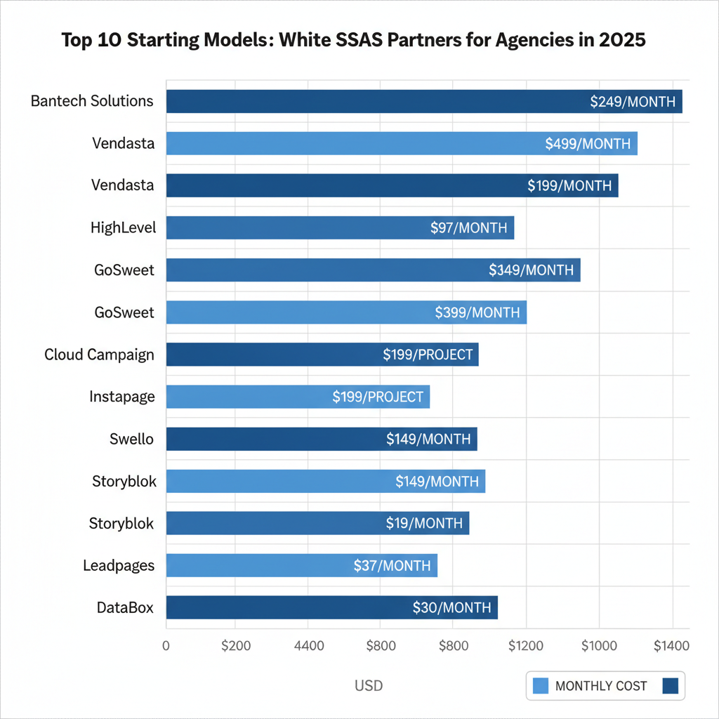 Horizontal bar chart comparing starting prices of top 10 white label SaaS development partners in USD