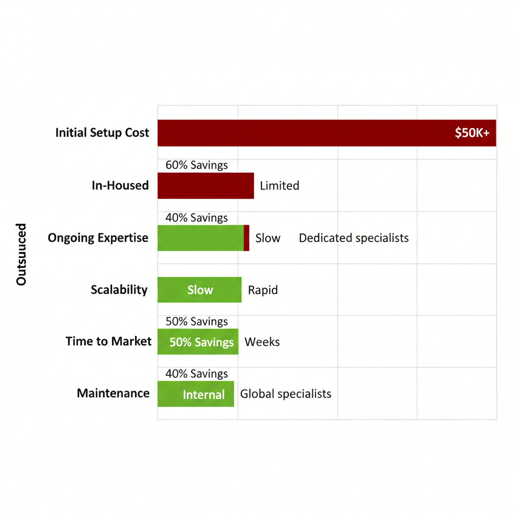 Horizontal bar chart showing cost and efficiency comparisons between in-house and outsourced CMS development