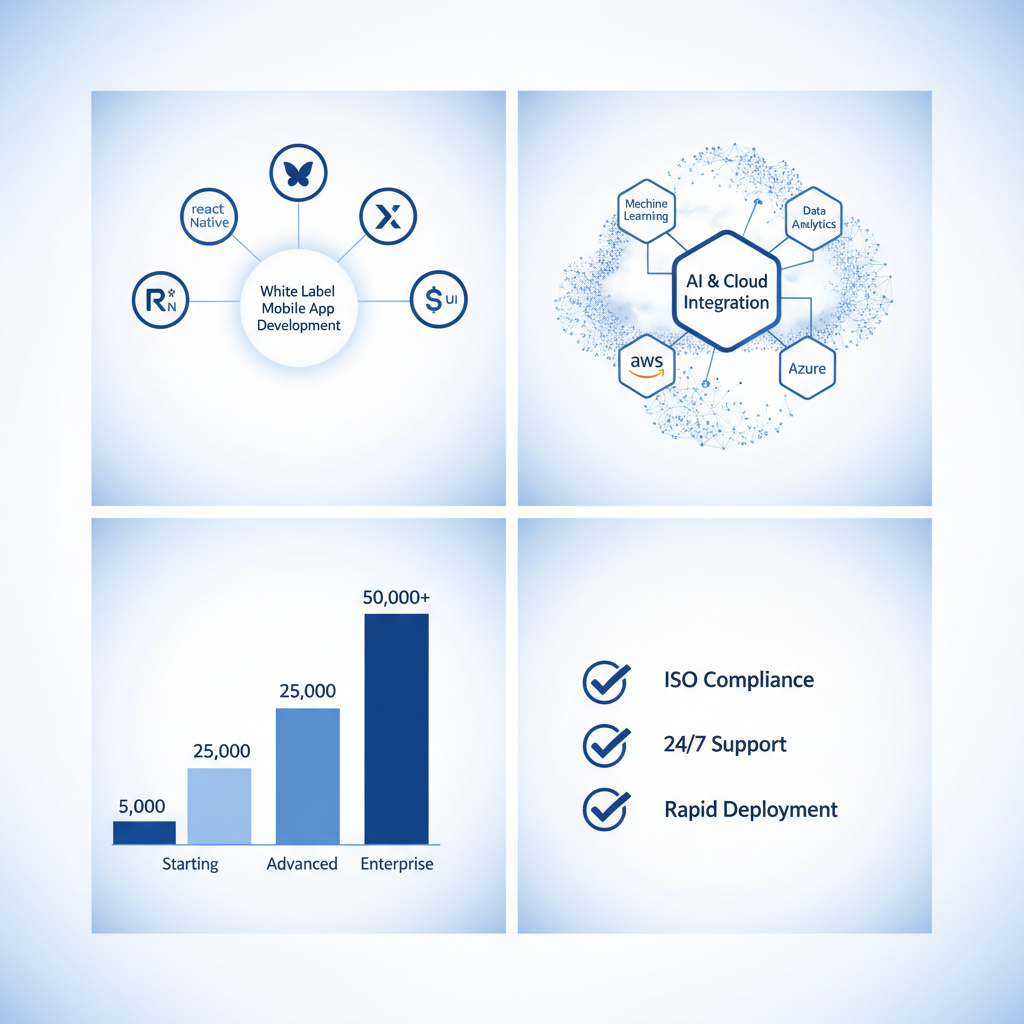 Infographic depicting Bantech Solutions' white label mobile app development services with tech stack, AI integration, pricing tiers, and benefits.