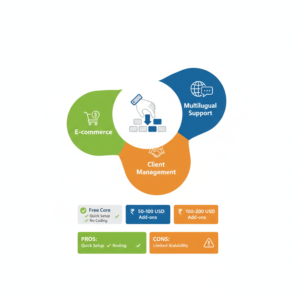 Infographic illustrating Microweber white label CMS key features including drag-and-drop builder, e-commerce modules, multilingual support, client management, pricing tiers, pros and cons.
