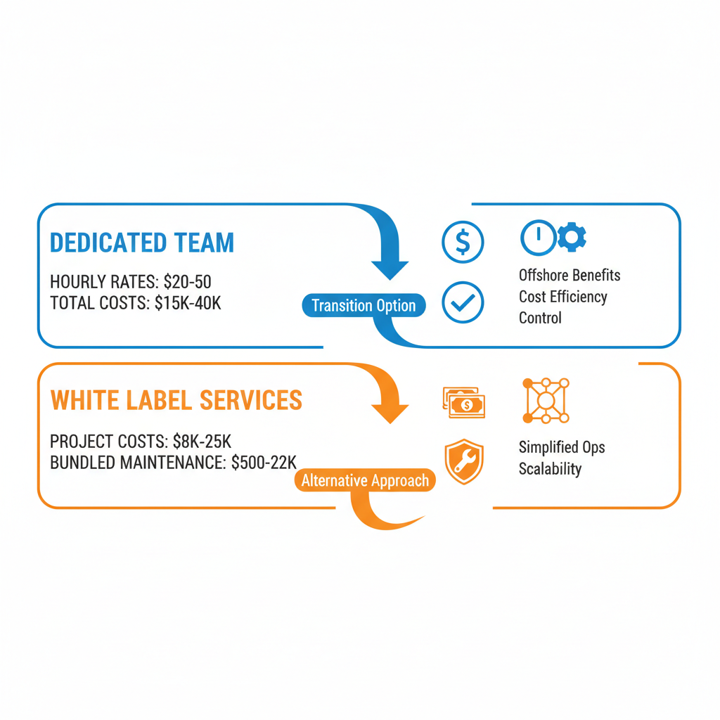 Infographic comparing cost structures of dedicated CMS teams and white label outsourcing services with icons and key metrics