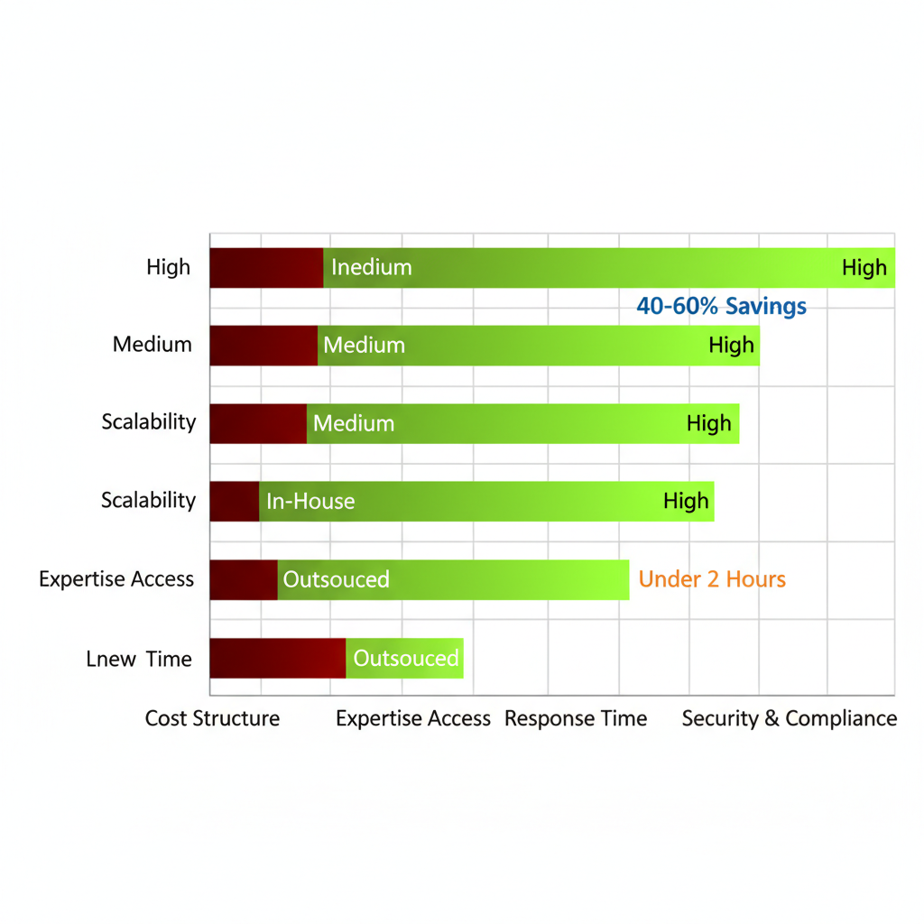 Horizontal bar chart comparing in-house and outsourced website maintenance aspects like cost, scalability, and security for agencies