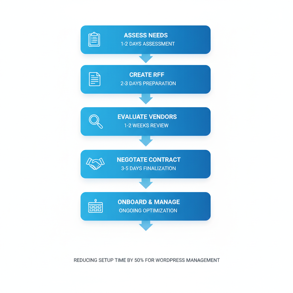 Vertical process flow diagram illustrating step-by-step outsourcing process for agencies with icons and efficiency labels