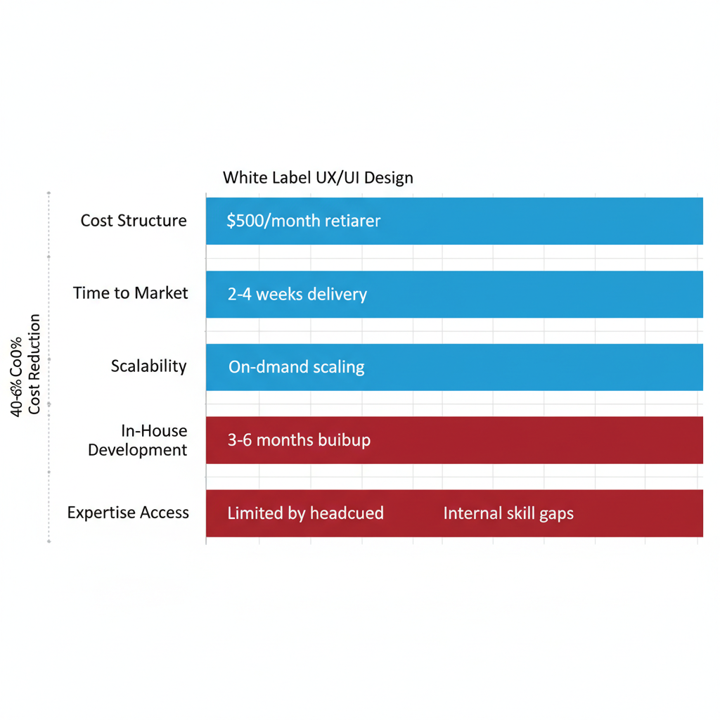 Horizontal bar chart comparing white label UX/UI design benefits over in-house development in cost, time, scalability, and expertise access.