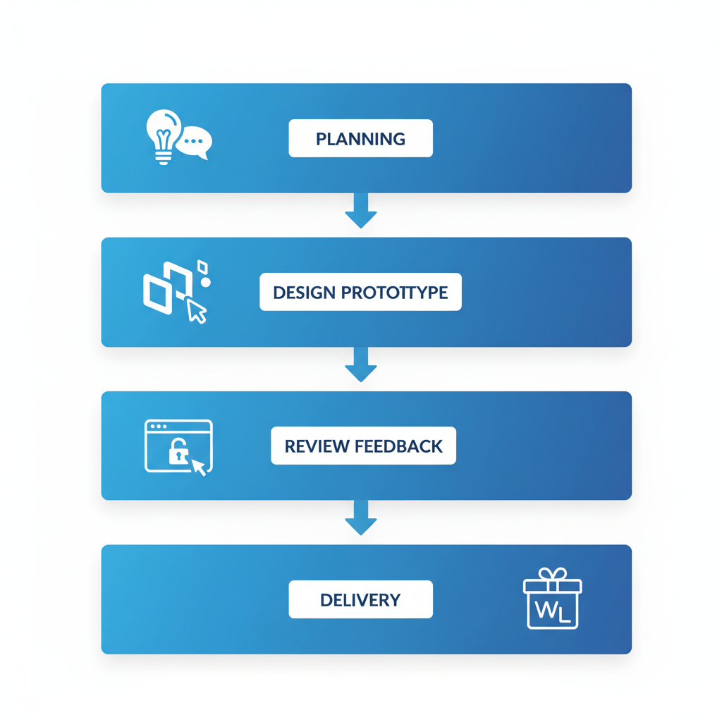 Vertical process flow diagram illustrating the four stages of white label UX/UI implementation: Planning, Design and Prototype, Review and Feedback, and Delivery.