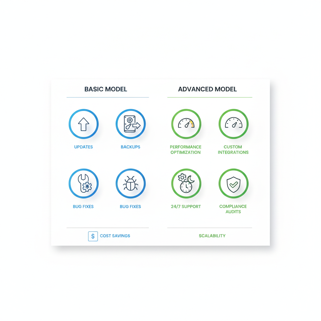 Infographic comparing basic and advanced white label web services support models with icons and key metrics