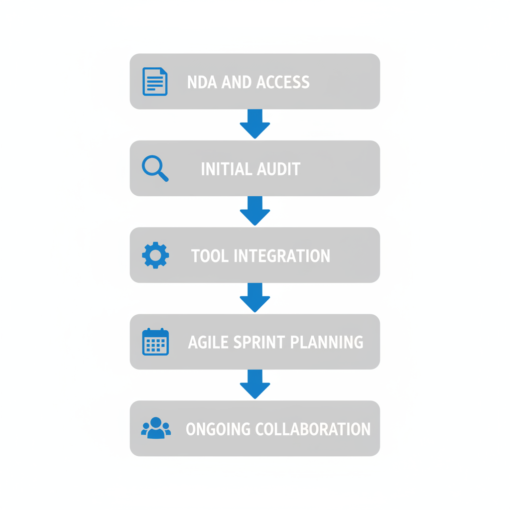 Visual diagram showing five-step process for white label agency support including NDA, audit, integration, planning, and collaboration