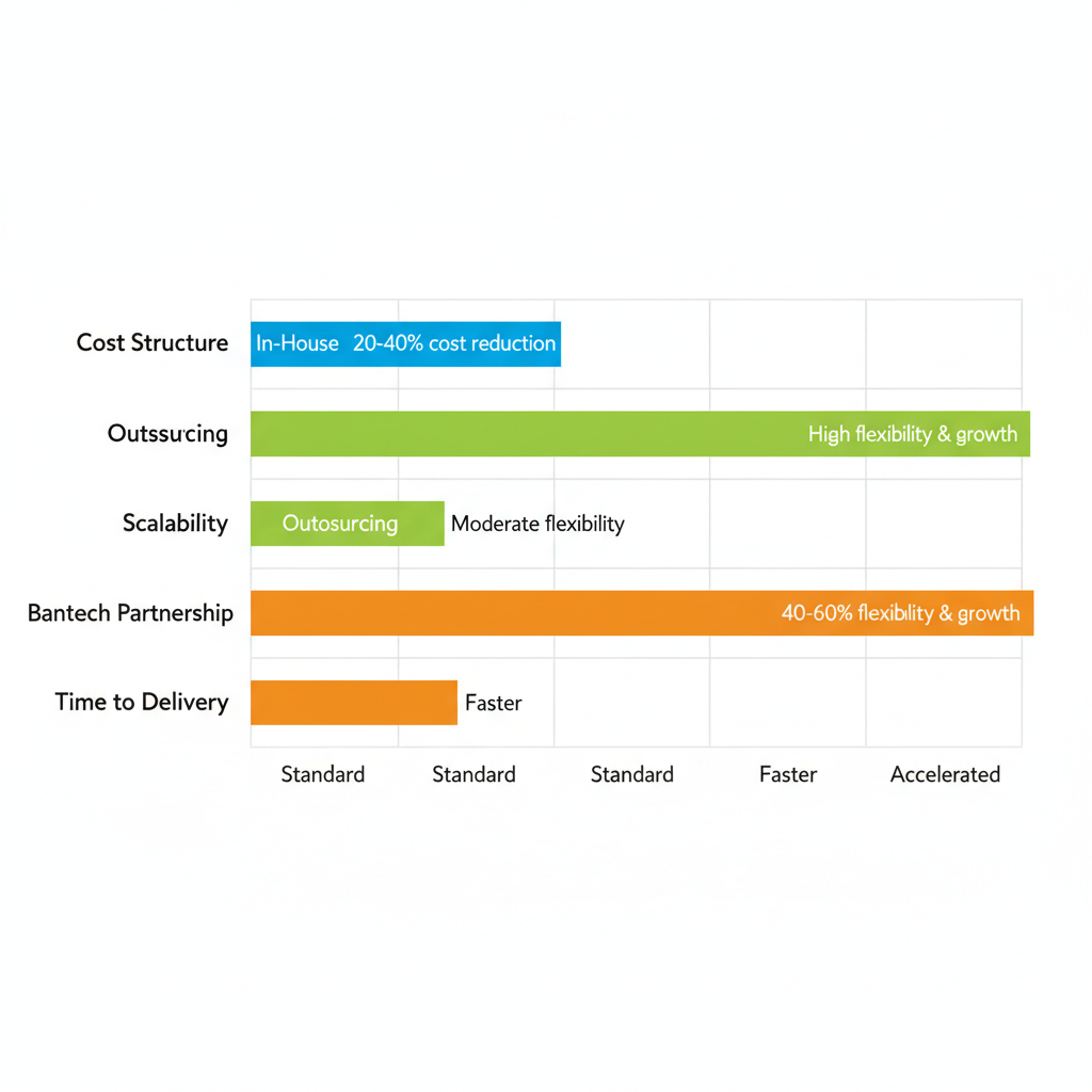 Horizontal bar chart comparing in-house UI/UX design, white label outsourcing, and Bantech partnership on cost, scalability, and delivery time