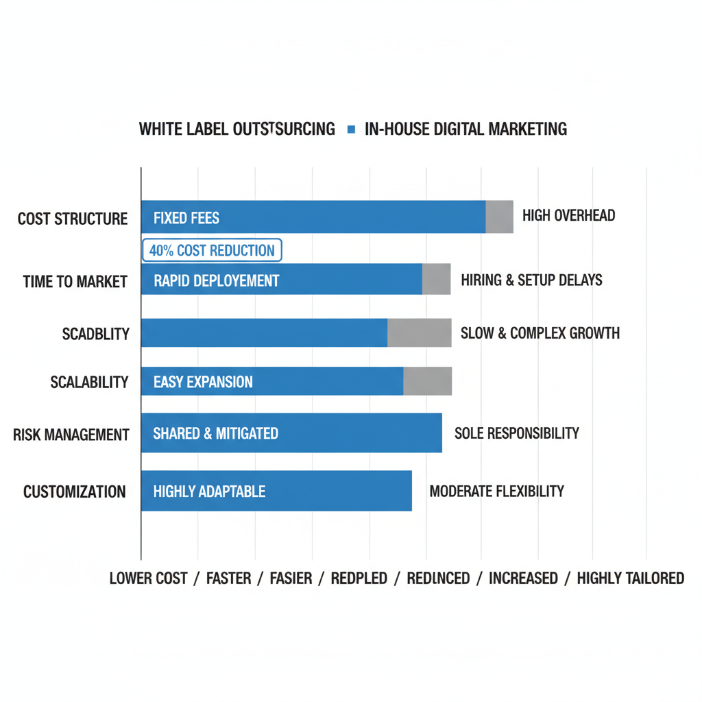 Horizontal bar chart comparing white label vs in-house digital marketing across cost, time, scalability, risk, and customization with savings percentages