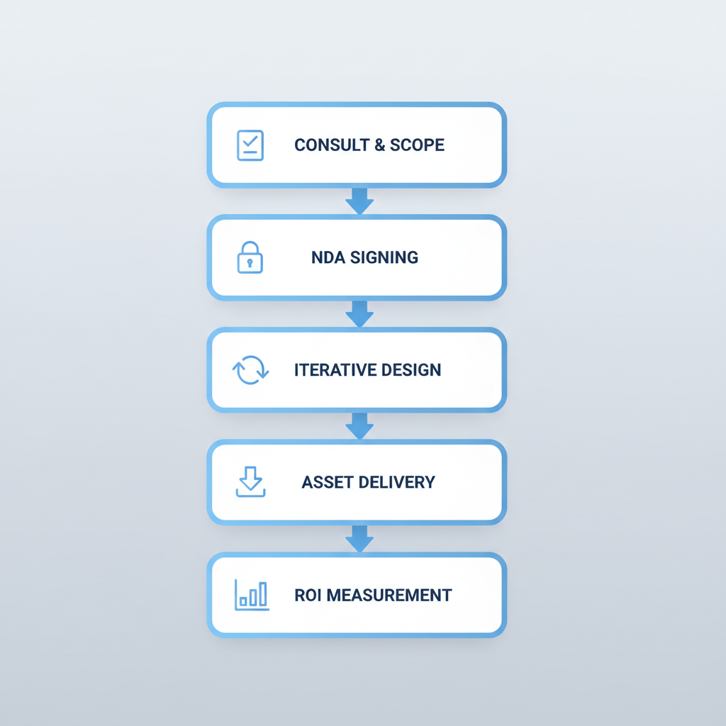 Vertical process flow diagram of agency workflow for white label UI design with five stages and icons.