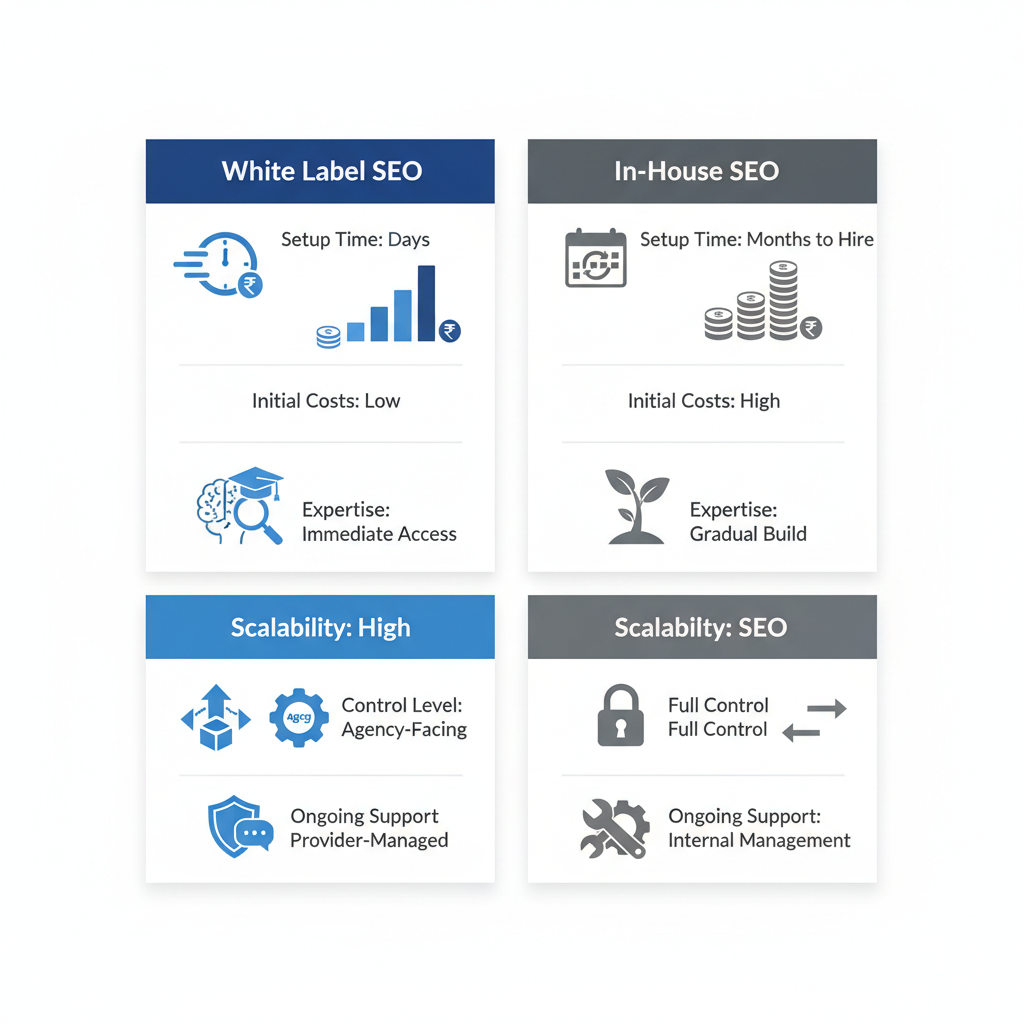 Infographic comparing White Label SEO and In-House SEO across setup time, costs, expertise, scalability, control, and support with icons and color-coded columns