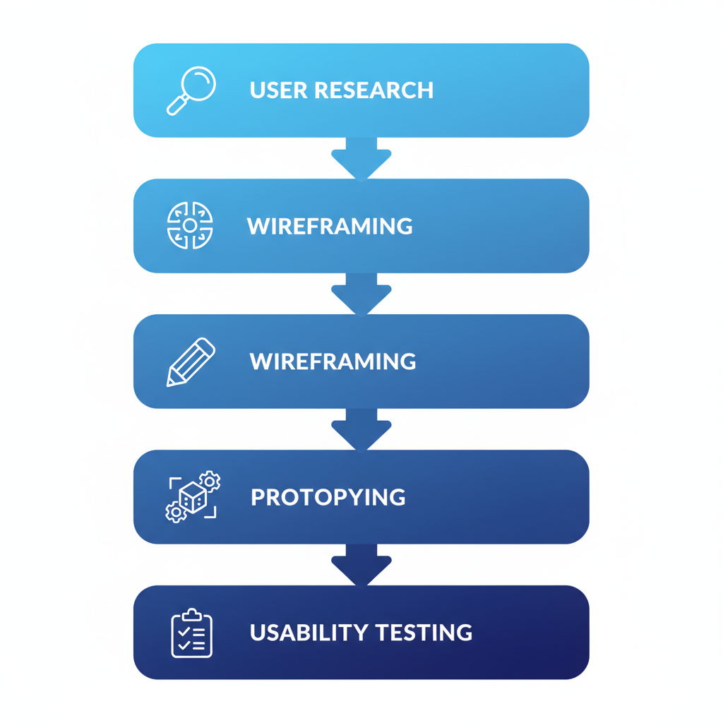 Vertical process flow diagram illustrating core stages of UX design for agencies including user research, wireframing, prototyping, and usability testing
