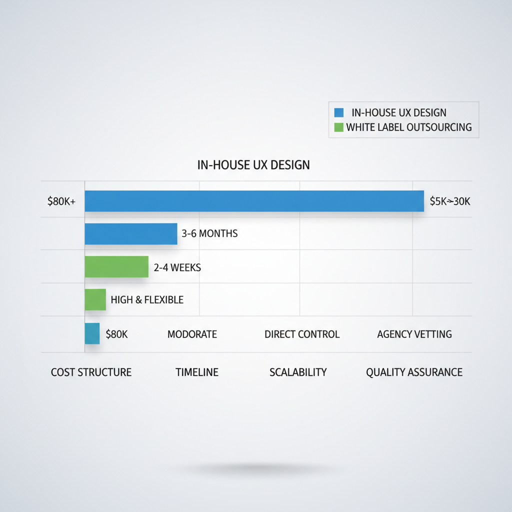 Horizontal bar chart comparing in-house versus white label UX design outsourcing for agencies on cost, timeline, scalability, and quality assurance.