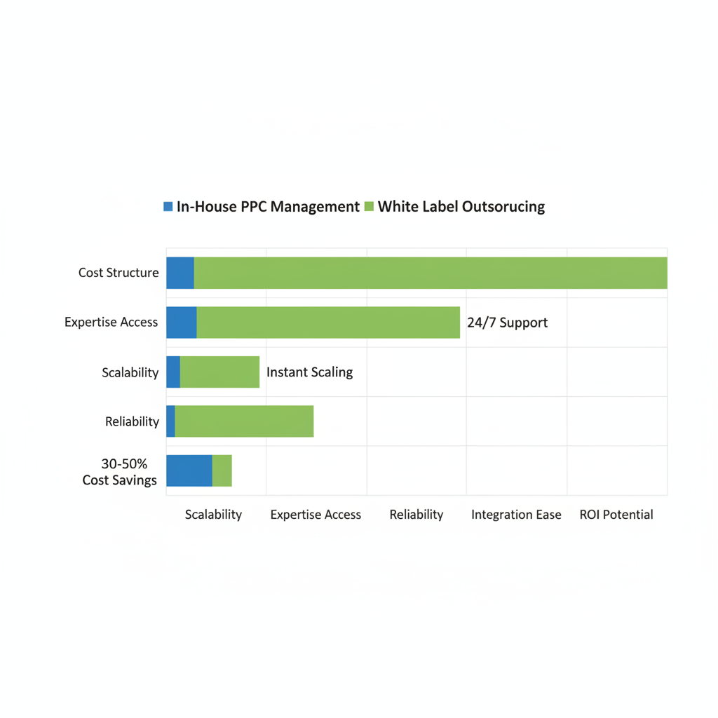 Horizontal bar chart illustrating key benefits of white label PPC outsourcing over in-house management