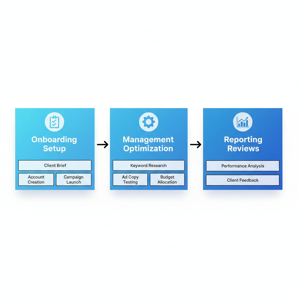 Horizontal process flow diagram illustrating the three stages of white label PPC services for agencies