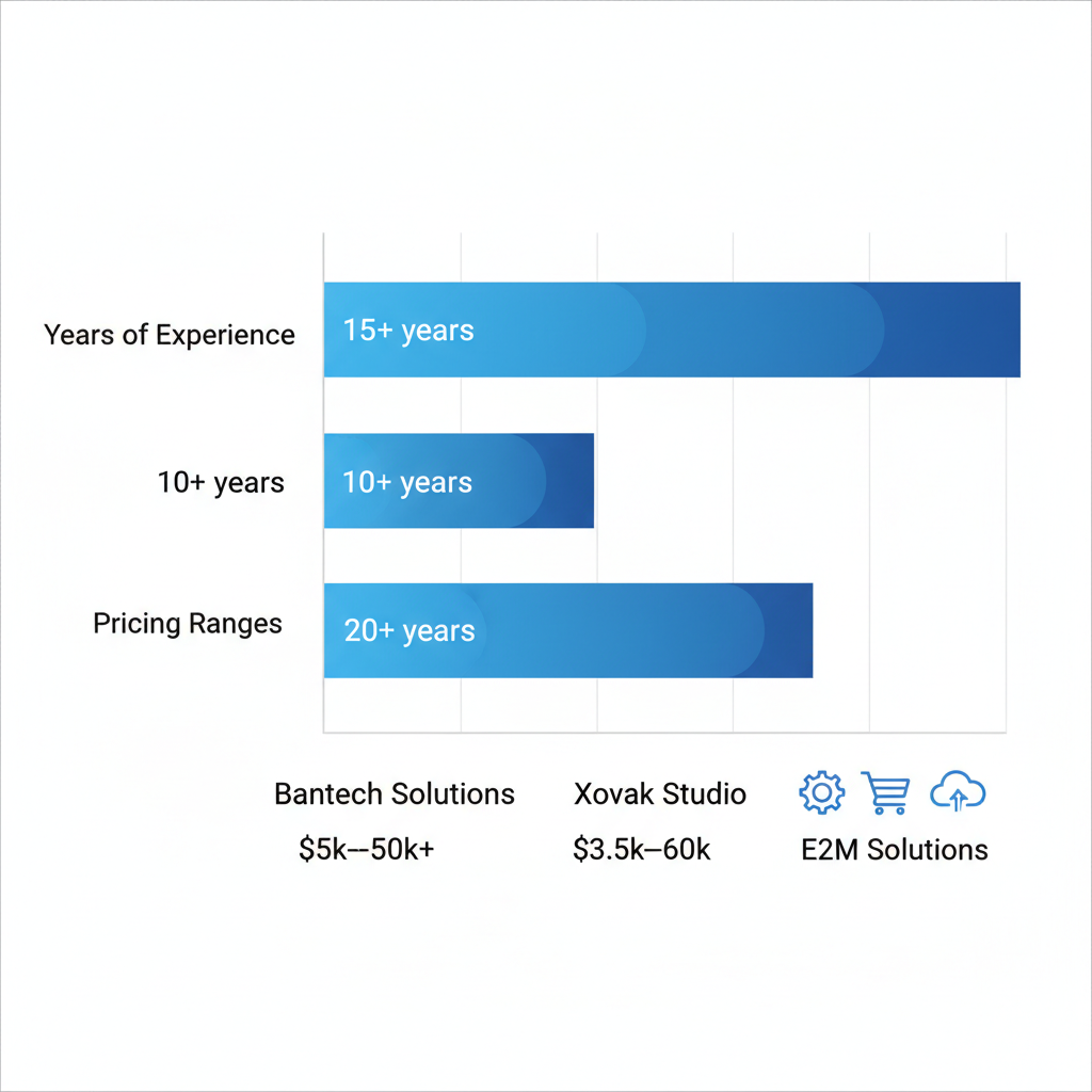 Horizontal bar chart comparing years of experience and pricing ranges for three white label Shopify agencies: Bantech Solutions, Xovak Studio, and E2M Solutions.