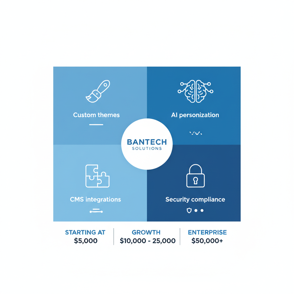 Infographic of Bantech Solutions' white label Shopify development features including custom themes, AI personalization, CMS integrations, and security compliance with pricing tiers
