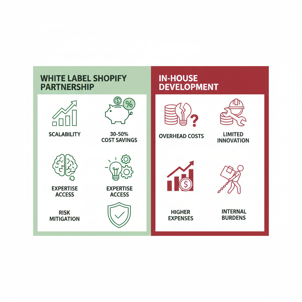 Infographic comparing white label Shopify partnerships benefits like cost savings and scalability against in-house development drawbacks