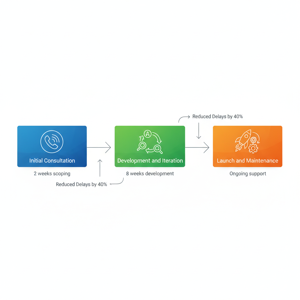 Horizontal process flow illustrating three phases of Shopify development partnership: initial consultation, development and iteration, launch and maintenance.